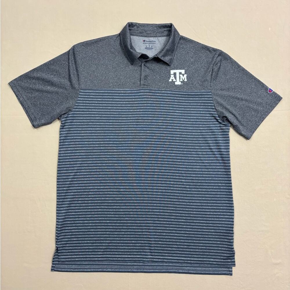 Champion Men’s Texas A&M Dark Gray and Blue Striped Golf Polo Shirt Size Large